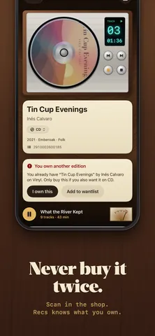 Recs App Store screenshot: Never buy it twice.